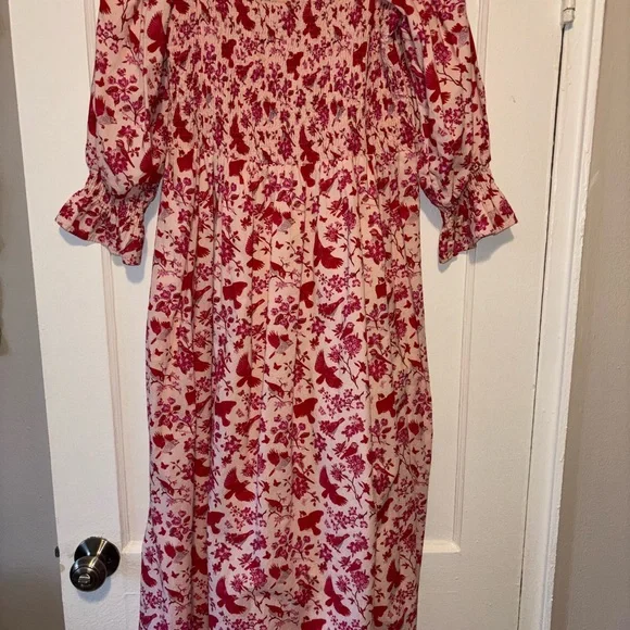 Victoria Dunn Songbird Smocked Floral Block Print Off Shoulder Midi M Cotton - Picture 2 of 6